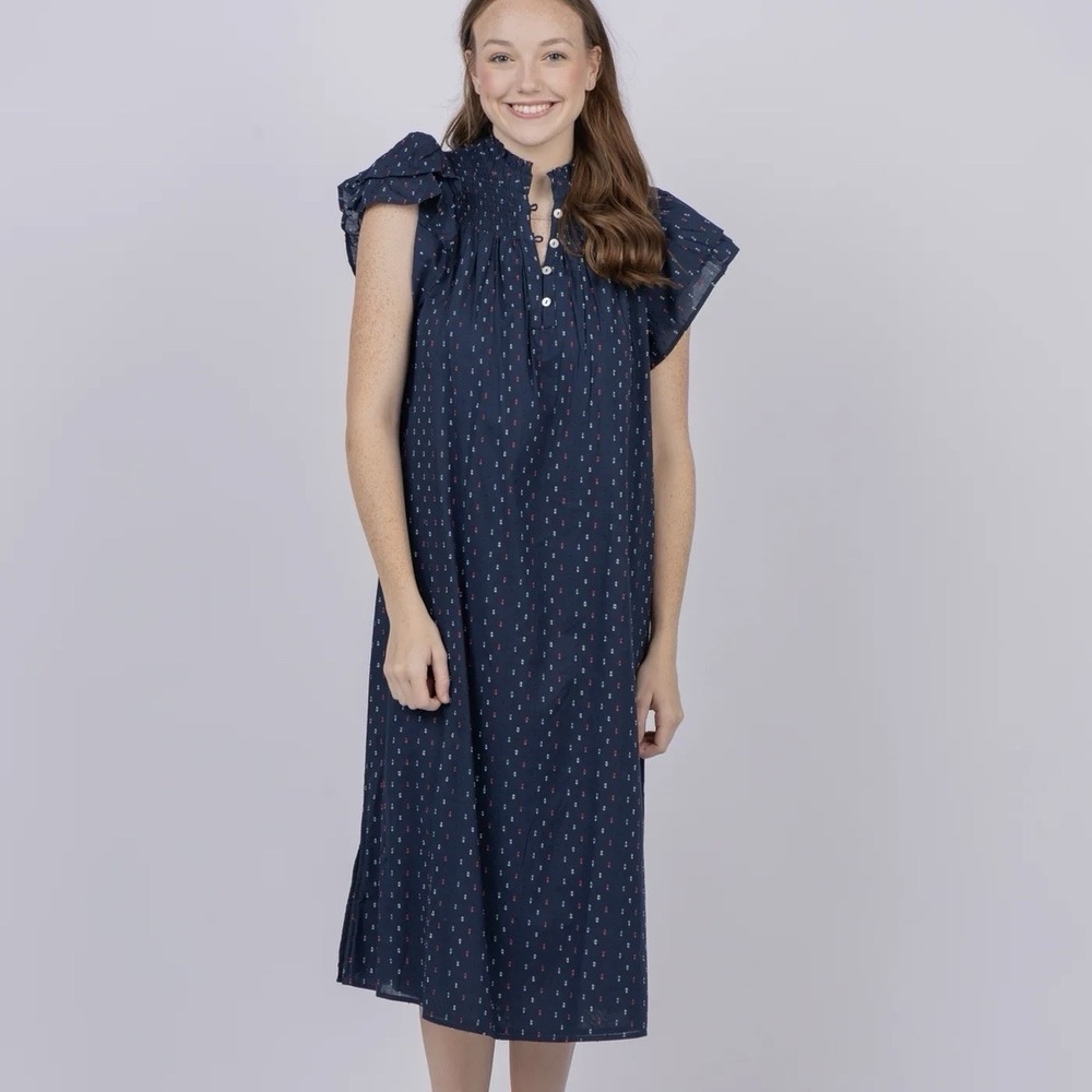 Never A Wallflower Smocked Midi Dress Navy Swiss Dot Size Large Modest‎ Lined